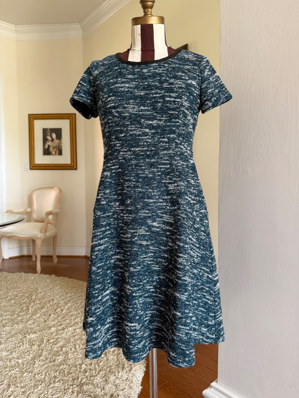 Talbots Women's Green/Black/Cream Tweed Fit & Flare Short Sleeve Dress 6P NWT